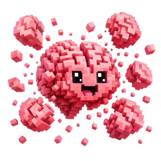 A Minecraft-style brain bursting into pieces